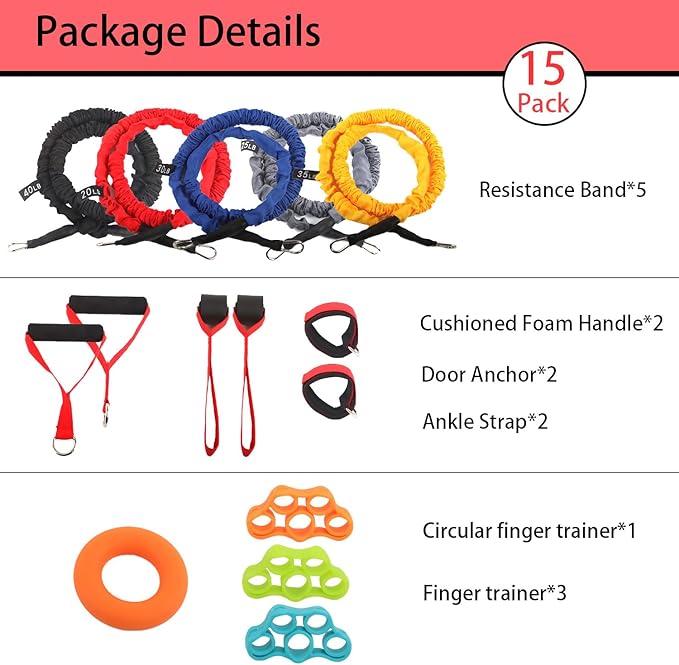 15 PCS Resistance Bands Set, 20-40lbs Exercise Tubes with Handles, Protective Nylon Sleeves, Door Anchor & Ankle Strap, Stretch Bands for Full Body Workout, Strength Training for Men & Women