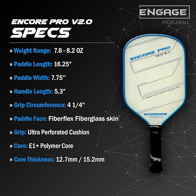 Engage Encore Pro V2.0 Pickleball Paddle – FiberFlex Fiberglass Face for Power & Spin, Available in Two Core Options (12.7mm for Power, 15.2mm for Control), Versatile Hybrid Shape