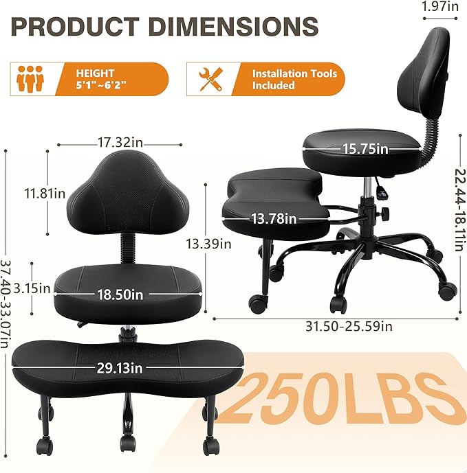 Cross Legged Office Chair, Criss Cross Desk Chair ADHD Meditation Kneeling Yoga Seat with Adjustable Height, Lumbar Support, Wider Footrest and Wheels (Black)