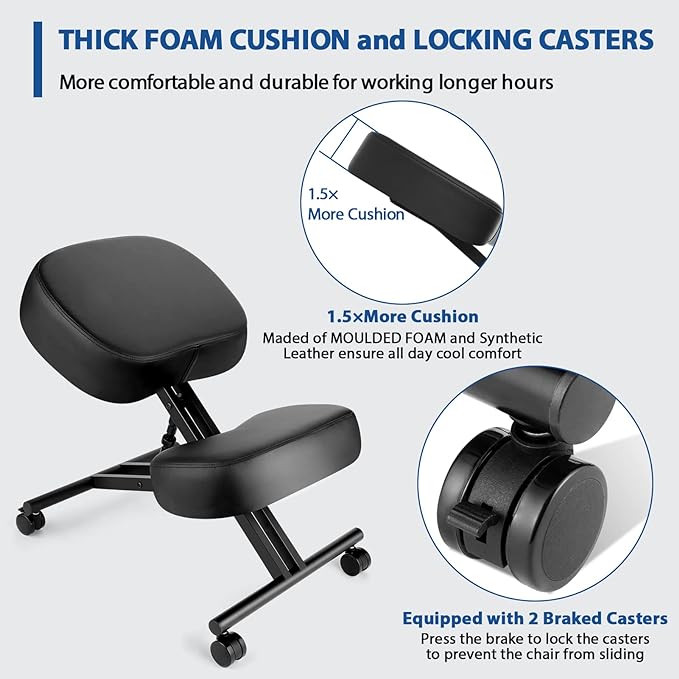 Kneeling Chair Ergonomic for Office, Adjustable Stool for Home and Office - Improve Your Posture with an Angled Seat - Thick Moulded Foam Cushions - Brake and Smooth Gliding Casters