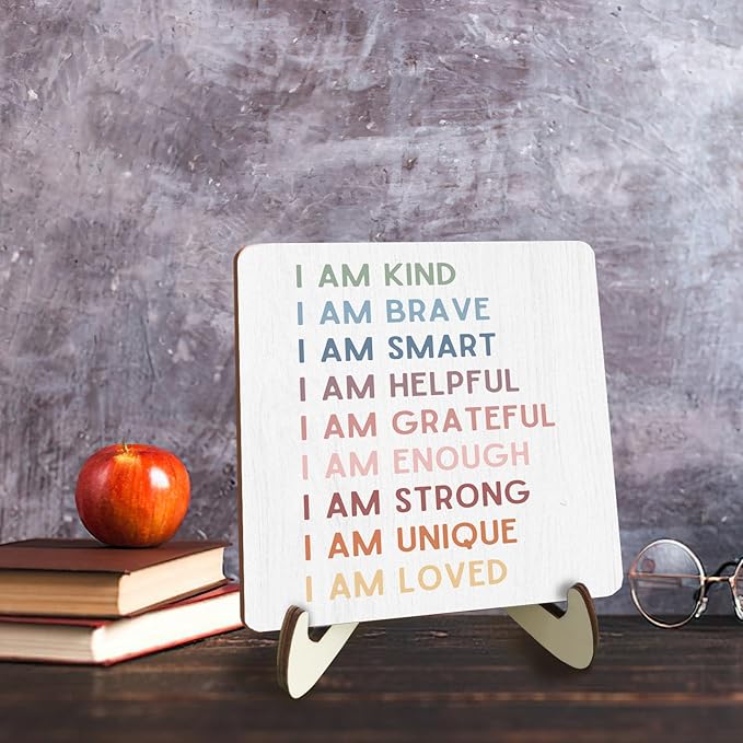 Decorative Desk Decor Motivational I Am Kind Affirmations Positive Plaque with Wooden Stand Inspirational Wood Sign for Nursery Playroom Homeschool Classroom Reading Corner Table Shelf