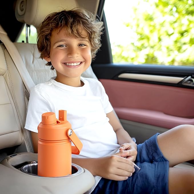 Kids Insualated Water Bottle with Straw - 12oz Stainless Steel Water Bottle with Dual Spouts, Leak-Proof, BPA-Free, Double Wall Vacuum Keeps Cold for 24 Hours for Sports, Travel, School (Polar White)