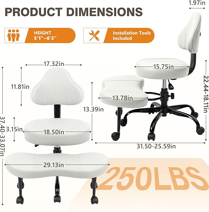 Cross Legged Office Chair, Criss Cross Desk Chair ADHD Meditation Kneeling Yoga Seat with Adjustable Height, Lumbar Support, Wider Footrest and Wheels (White)