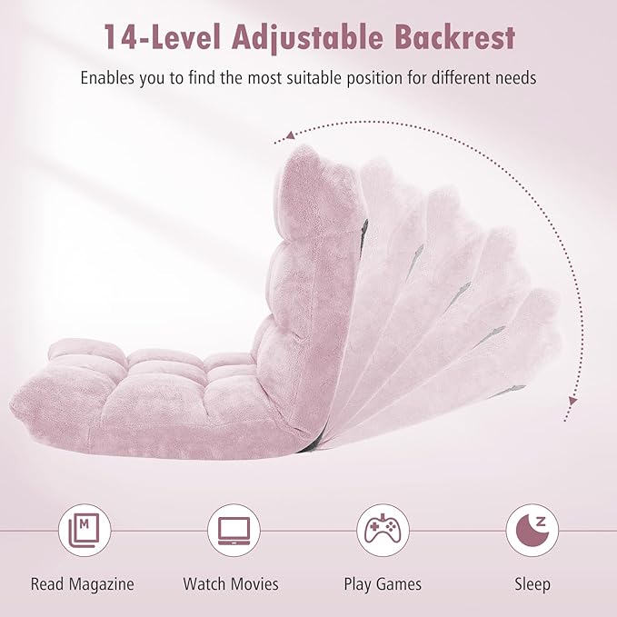 Moccha 14-Position Floor Sofa, Folding Sofa Chair with Back Support, Memory Foam Floor Gaming Chairs for Adults, Adjustable Padded Couch Recliner, Chaise Lounge for Reading, Meditating (Light Pink)