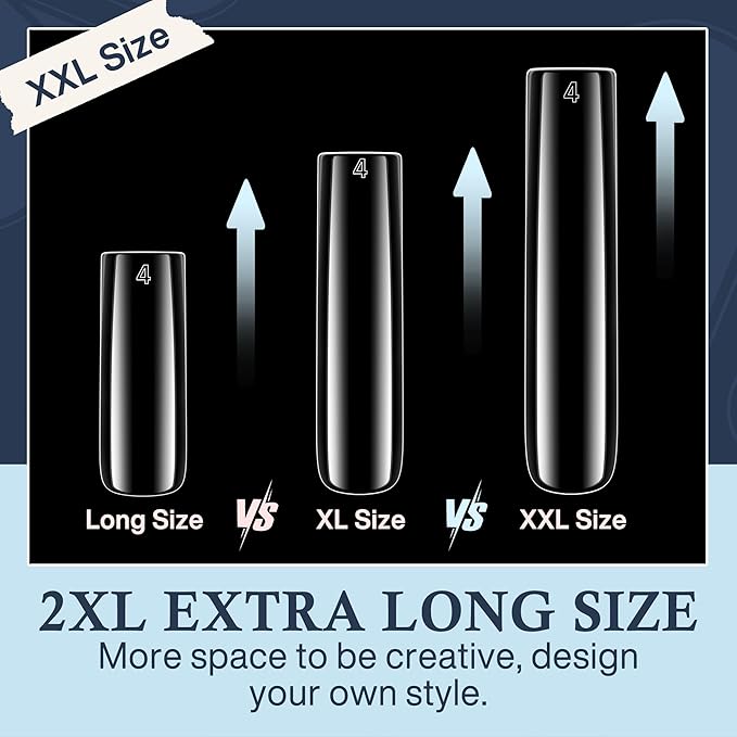 XXL Nail Tips Square 504 Pcs 12 Sizes - No C Curve Flat Square Nail Tips Clear 2XL Full Cover Tapered Gel Acrylic Fake Nails Gelly Tips for Nail Extension Nail Art