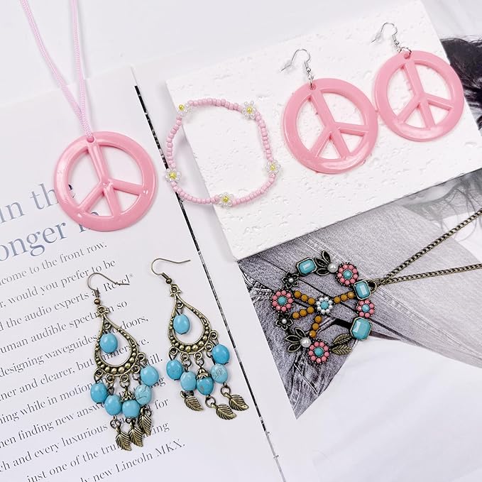 Hippie Costume Accessories for Women Peace Sign Earrings Necklace Flower Headband Sunglasses 60s 70s Accessories