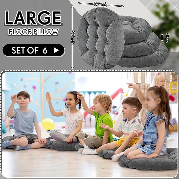 Jerify 6 Pcs Round Floor Pillows Cushions 22 x 22 Inch Large Flexible Seating Cushion Classroom Furniture Floor Pillow for Kids Adults Home Daycare Preschool Yoga Meditation Gift (Bright Gray)