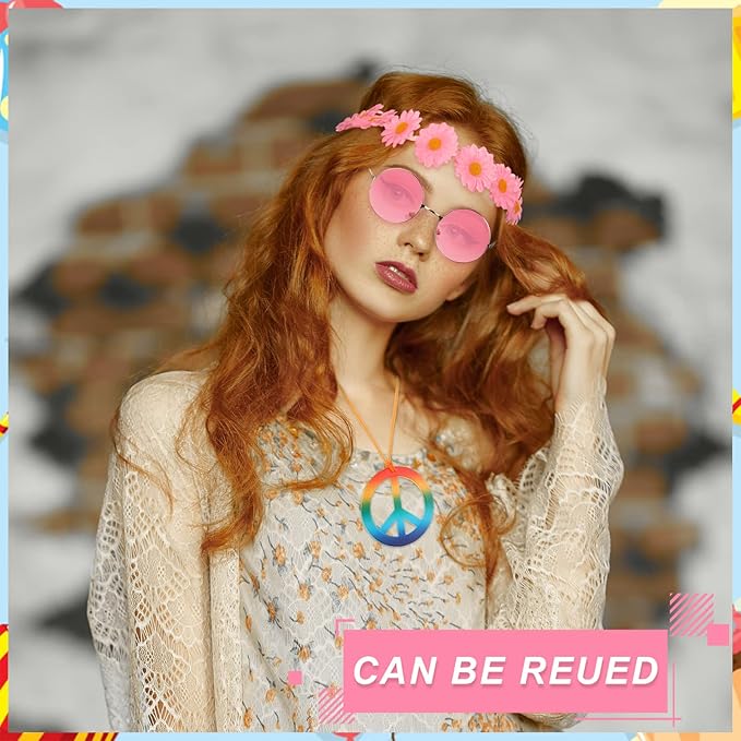 Kenning 36 Pcs Hippie Costume Accessory Set 60s 70s Peace Necklaces Sunflower Headband for Women Retro Round Sunglasses Bandana Headband for Men Hippie Dressing for Carnival Party Supplies (Classic)