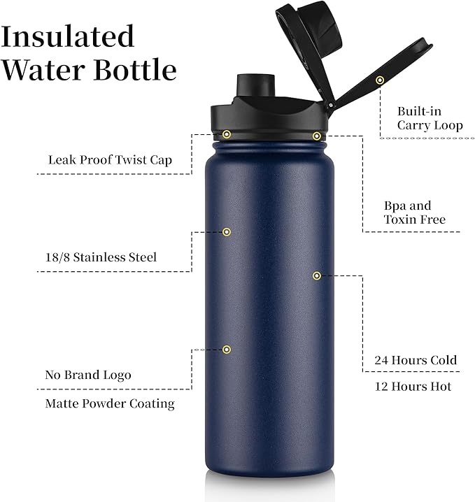 24 oz Insulated Water Bottle Bulk 4 Pack, Stainless Steel Sports Water Bottles with Straw Lid & Wide Mouth Lids, Double Walled Vacuum, Leak Proof, Blue