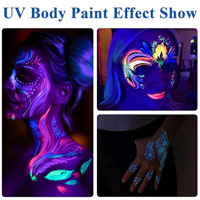 Glow in the Dark Paint, Non-Toxic Neon Face Paint, Washable Black Light Paint, Face Paint Markers for Halloween, Cosplay, Party, Compact UV Body Paint 12 PCS