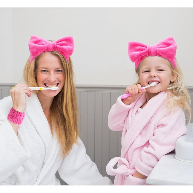 VELSCRUN Spa Headbands for Wash Face, Makeup Headband, Facial Skincare Headbands, 5 Pcs Hot Pink Puffy Sponge Spa Headband Bow Tie Hair Band Hair Clips Wristband Set Women Girls Accessories