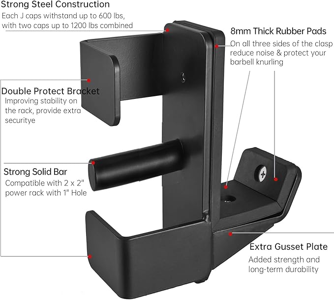 J Hooks for 2" x 2" Power Rack, Rubber Pad J-Hook for Power Cage, Bottom Reinforced Steel J Cups for Squat Rack, Heavy Duty Barbell Holder, Black