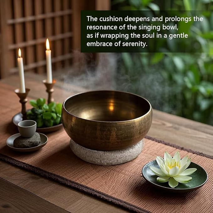 Singing Bowl Cushion 8 Inch for Tibetan Singing Bowls, Handmade Silk Brocade Round Cushion Pillow for Sound Healing and Crystal Sound Bowls Accessories(Silver)