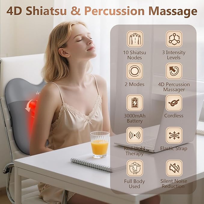 Shiatsu Back Massager with Heat,Percussion Massage Cordless Back Massage for Pain Relief Deep Tissue.4D Kneading Massage,Gift for Men Women Parents Relaxation at Christmas Office Car,Grey