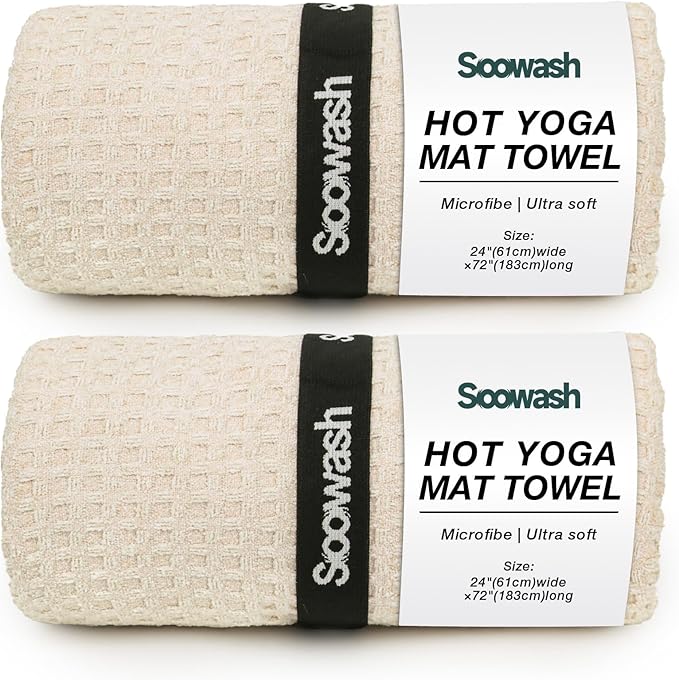 2 Pack Hot Yoga Towel Yoga Mat Towels Non Slip for Hot Yoga Stickyfiber Microfiber Quick Dry Soft Absorbent with Corner Pockets Cover Bikram Pilates Exercise Fitness 24" X 72"Beige