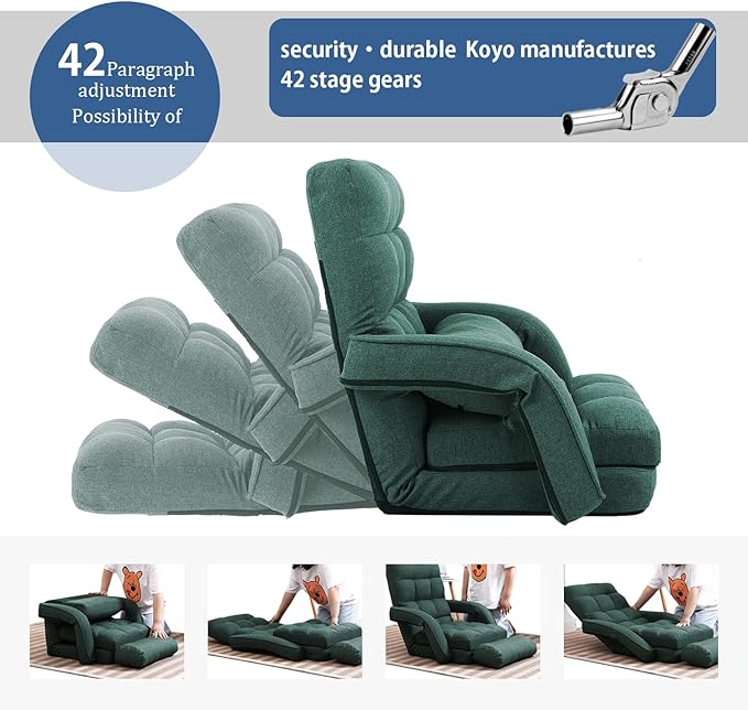FLOGUOR 14-Position Adjustable Floor Chair, Chaise Lounge Indoor, Folding Lazy Sofa with Armrests and a Pillow Padded Adults Gaming Chairs for Living Room, Bedroom Factory Price, 8803XM (Green)