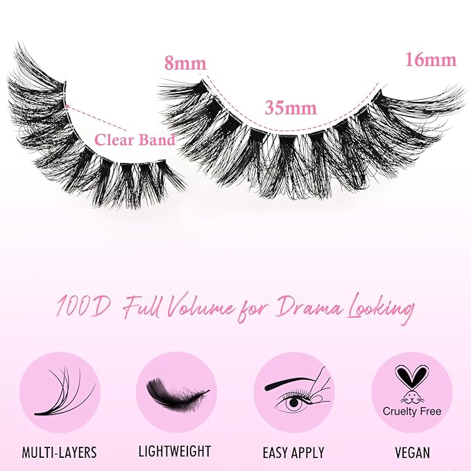 Lashes False Wispy Eyelashes Volume Cat Eye Lash Strips Fake Mink Eyelash Pack Natural Look 8-16mm Fluffy Full Strip Lashes Set Clear Band Easy Eyelashes for Beginners with Cluster Looking