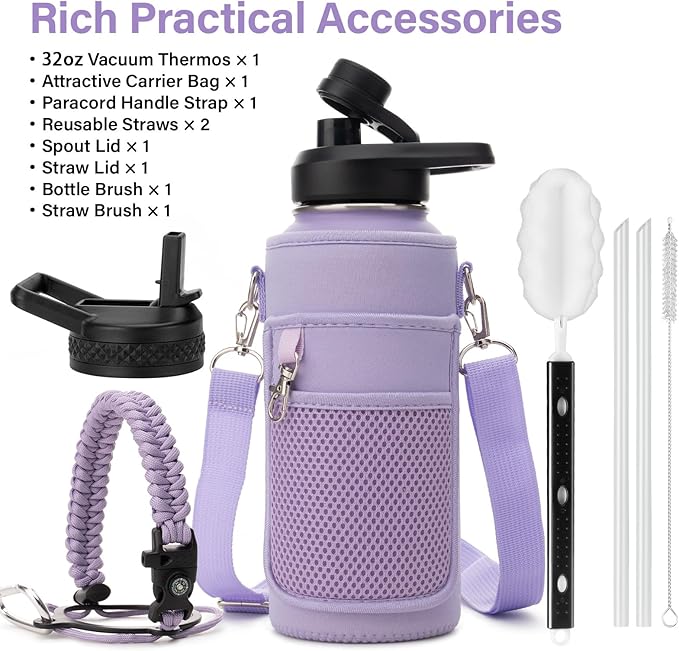 Insulated Water Bottle | Thickened Stainless Steel Vacuum Metal | Portable Sports Water Jug for Gym and Hiking with Straw, Carrier Bag, Handle Strap | BPA-Free 32 oz