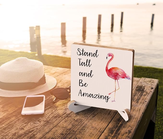Flamingo Gifts Rustic Wooden Desk Decor - Funny Flamingo Plaque with Wood Stand Holder for Farmhouse, Office, Girls Room