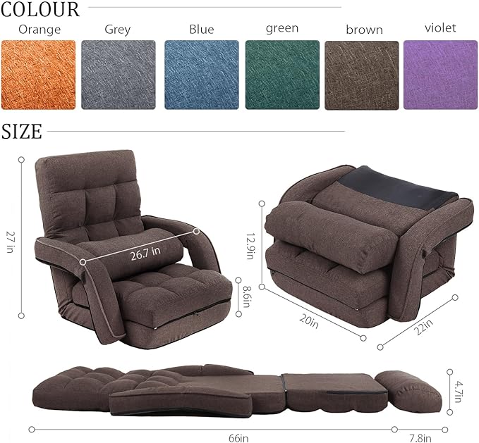 FLOGUOR 42-Position Adjustable Floor Chair, Chaise Lounge Indoor, Folding Lazy Sofa with Armrests and a Pillow Padded Adults Gaming Chairs for Living Room, Bedroom Factory Price, 8803XM (Brown)