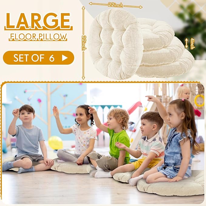 Jerify 6 Pcs Round Floor Pillows Cushions 22 x 22 Inch Large Flexible Seating Cushion Classroom Furniture Floor Pillow for Kids Adults Home Daycare Preschool Yoga Meditation Gift (Beige)