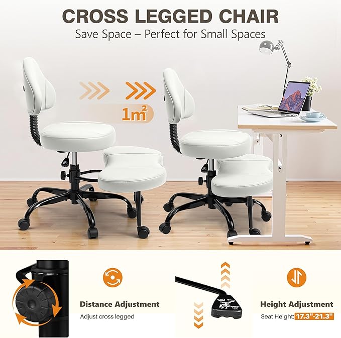 Cross Legged Office Chair, Criss Cross Desk Chair ADHD Meditation Kneeling Yoga Seat with Adjustable Height, Lumbar Support, Wider Footrest and Wheels (White)