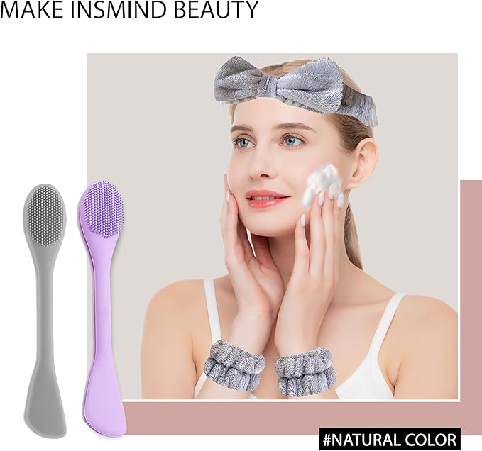 Facial Cleansing Brush, 2 in 1 Silicone Face Mask Brush & Face Scrubber, Face Wash Headband and Wristband Set,5 Pieces (Grey&Purple+Grey)