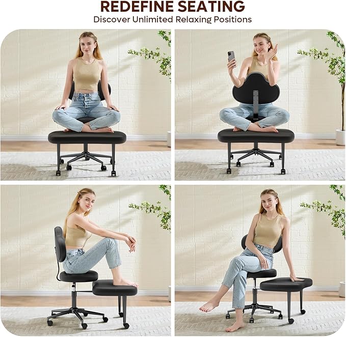 Cross Legged Office Chair with Wheels, Meditation Chair, ADHD Chair for Adults, Wider Height Adjustable Backrest and Seat, Yoga Office Chair, PU Leather, Black