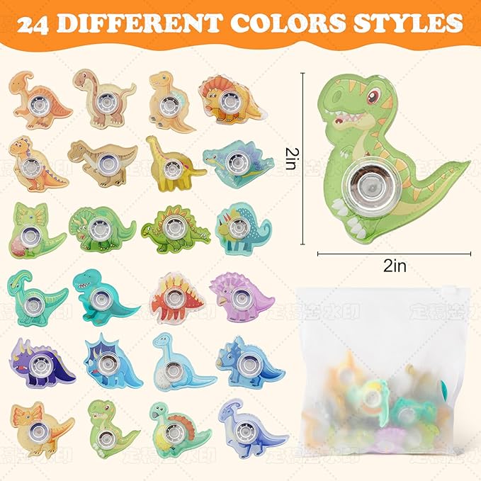 24PCS Dinosaur Fidget Spinner Toys,Party Favors Birthday Gifts Goodie,Autism Sensory Toys for Boys Girls Stress Relief,Treasure Box Toy for Classroom Prizes Supplies(Dinosaur)