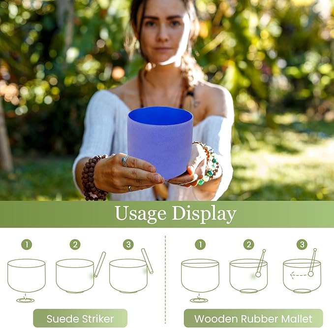 432HZ 7 Inchs Frosted Crystal Singing Bowl Set for Meditation Healing Yoga Chakra Quartz Crystal Sound Bowls with Heavy Duty Carry Case and Rubber Mallet,Suede Striker,O-rings