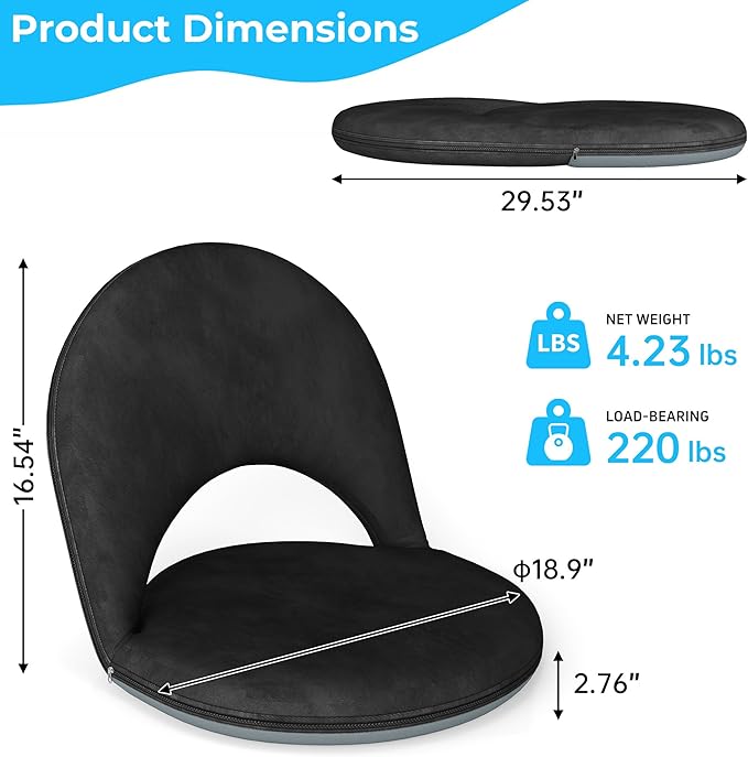 Floor Chair, 5-Position Foldable Floor Chair for Kids with Adjustable Back, Soft Sponge & Velvetean Cover, for Adults and Kids, Indoor Outdoor Use, Meditation, Gaming, Camping(Black)