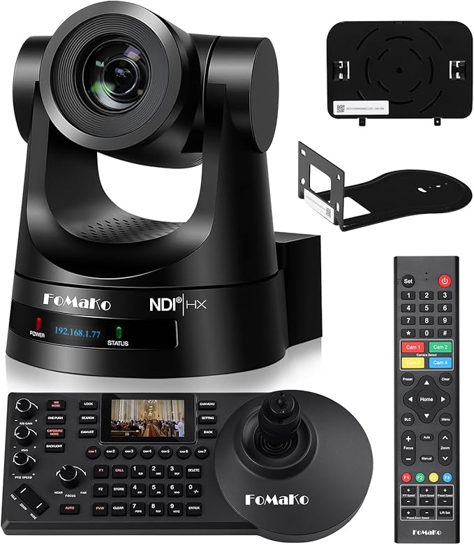 FoMaKo NDI PTZ Camera Bundle AI Auto-Tracking Gen 3 (NDI 6 & NDI HX3 Certified), 20X Optical Zoom PoE HDMI PTZ Camera for Church Worship, PTZ Controller, (NDI PTZ Bundle KN20A +KC608) BN201