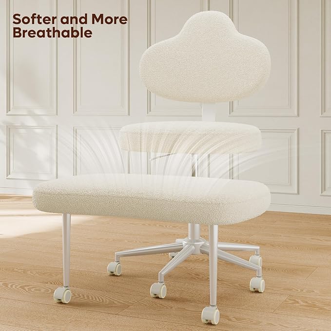 Cross Legged Office Chair with Wheels, Meditation Chair, ADHD Chair for Adults, Wider Height Adjustable Backrest and Seat, Yoga Office Chair, Teddy Fabric, Off White