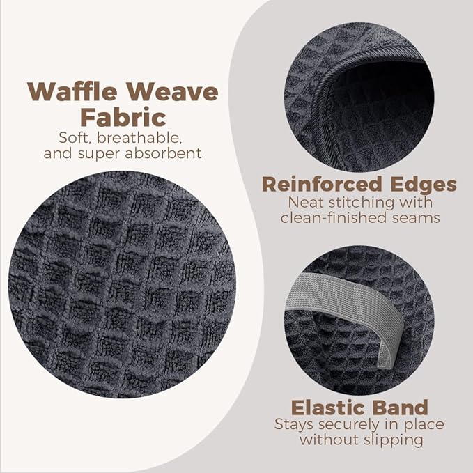 HOMEXCEL 2 Pack Microfiber Hair Towels Waffle Weave- 40 x 26.5 inches Fast Drying Turbans for Long, Thick, Curly Hair - Anti Frizz Wrap with Elastic Strap, Black/Grey