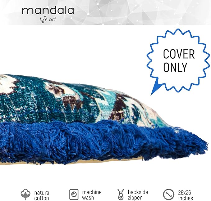 Mandala Life ART Square Meditation Pillow Cover with Fringes - 26 inches - Printed Blue Cotton Boho Chic Cushion Case