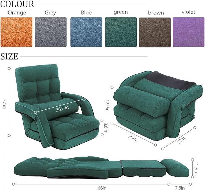 FLOGUOR 14-Position Adjustable Floor Chair, Chaise Lounge Indoor, Folding Lazy Sofa with Armrests and a Pillow Padded Adults Gaming Chairs for Living Room, Bedroom Factory Price, 8803XM (Green)