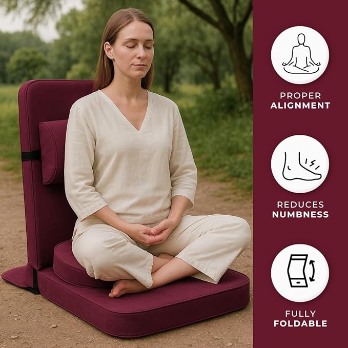 Friends of Meditation Relaxing Buddha Meditation Chair | Detachable Rectangular Back Support & Zafu Cushion | Portable Folding Chair | Floor Chair with Back Support | Yoga Chairs for Adults | Maroon