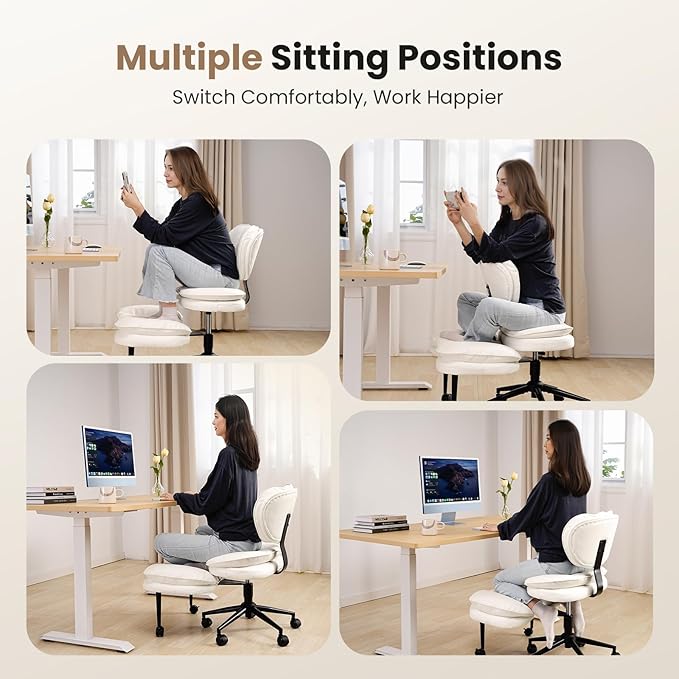 Cross Legged Office Chair, Ergonomic Cloud Criss Cross Desk Chair, Meditation Chair with Wheels, Height Adjustable Seat for ADHD, Wide Kneeling Chair with Back Support, White