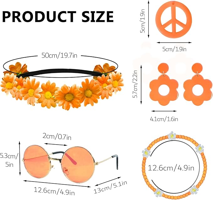 Hippie Costume Accessories Set Peace Sign Necklace Sunglasses Flower Headband Earrings for 60s 70s Outfit Party Women