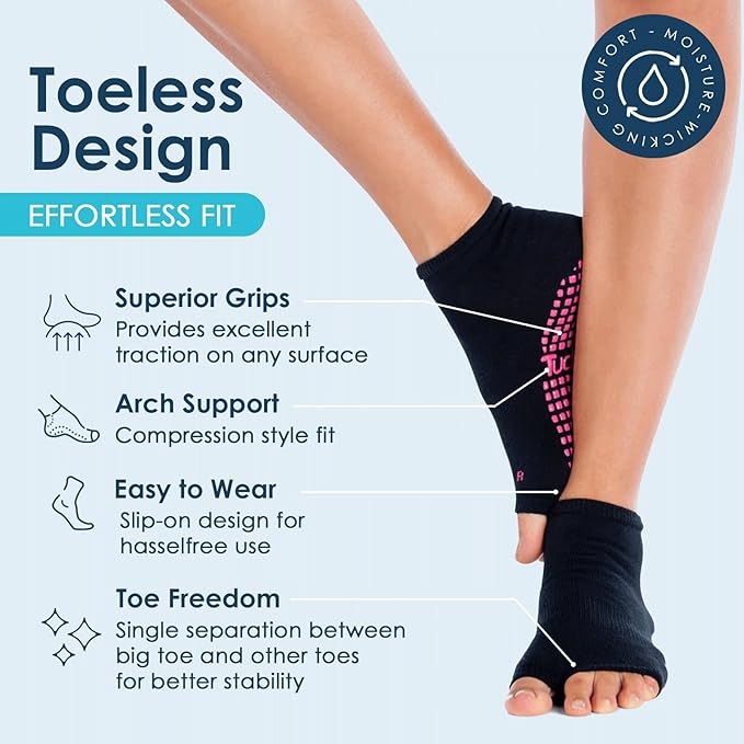 Tucketts Anklet Toeless Pilates Socks with Grips for Women, Non-Slip Ankle Toeless Yoga Socks with Grips for Barre, Size 5-13