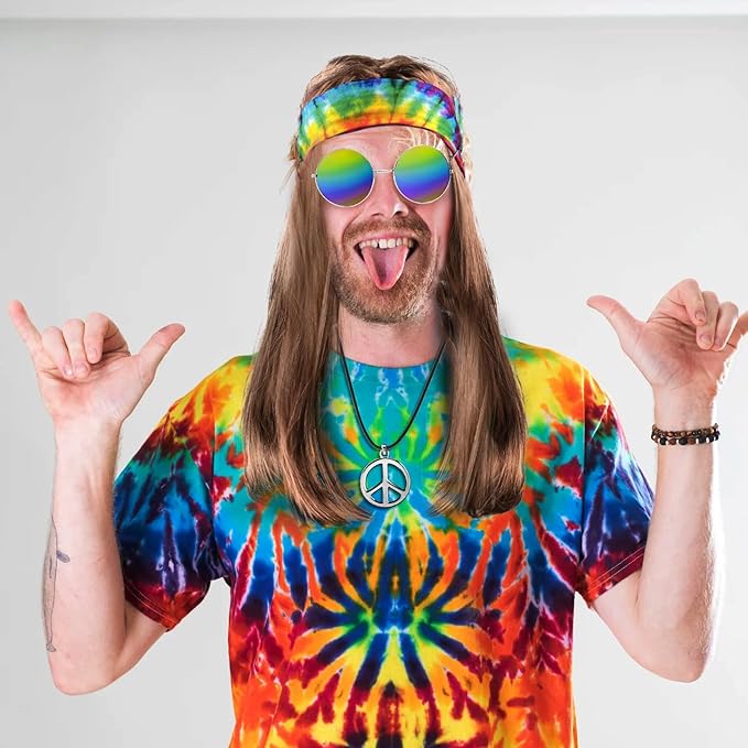 MOVINPE Hippie Accessories for Men - Hippie Wig Sunglasses Peace Sign Necklace Tie Dye Headbands, Halloween Costume 70s Disco Style 60s Outfit Fancy Dress Retro Night
