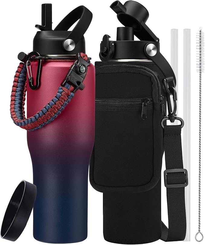 32/40 oz Insulated Water Bottle with straw Fit in any Car Cup Holder, Keep Cold 48H Hot 24H,Stainless Steel Water Bottle with Spout lid, Carrier Bag, Paracord Handle for Gym, Workout & Beach