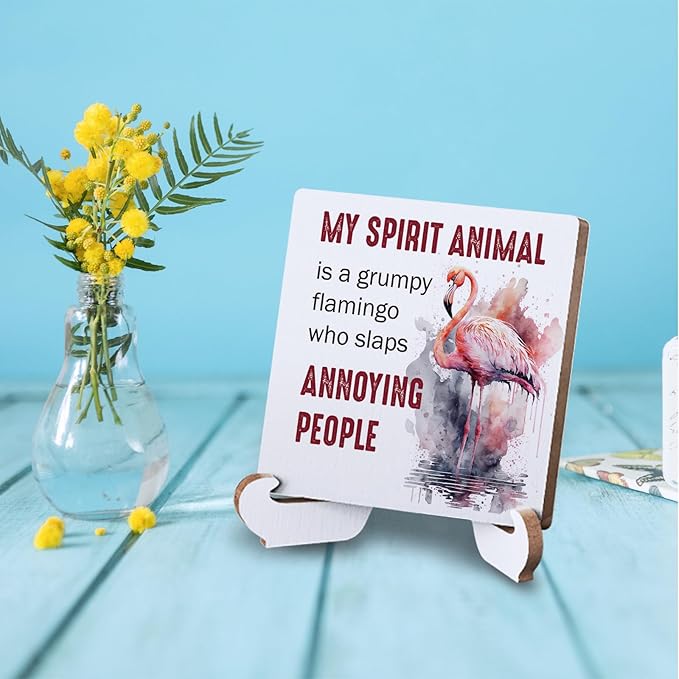 Flamingo Gifts Funny Flamingo Decor Rustic Wooden Desk Decor for Flamingo Lovers Home Farmhouse Office Bathroom Table Tiered Tray Shelf Seasonal Plaque with Wood Stand Holder
