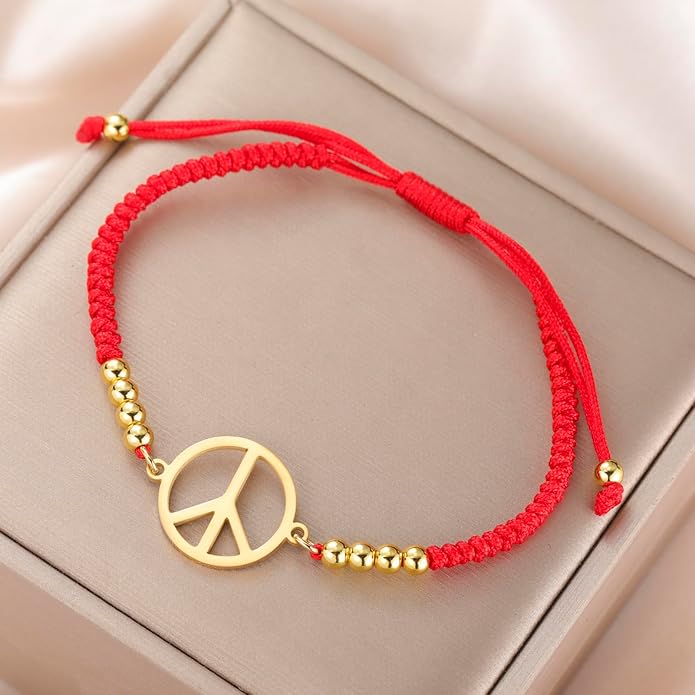 LIKGREAT Peace Sign Pendant Bracelet for Women Peace Symbol Adjustable Handmade Braided Wax Cords Beaded Bracelet
