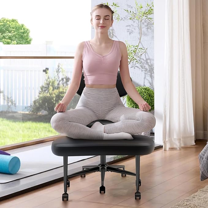 Cross Legged Office Chair with Wheels, Meditation Chair, ADHD Chair for Adults, Wider Height Adjustable Backrest and Seat, Yoga Office Chair, PU Leather, Black