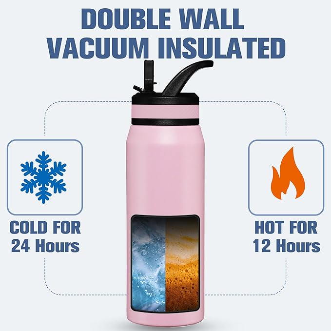 OLDLEY 24 oz Insulated Water Bottle With Straw, Stainless Steel Sports Water Cup Flask with 3 Lids(Straw, Spout and Handle Lid) Double Walled Travel Thermal Canteen Mug,Lavender Mist