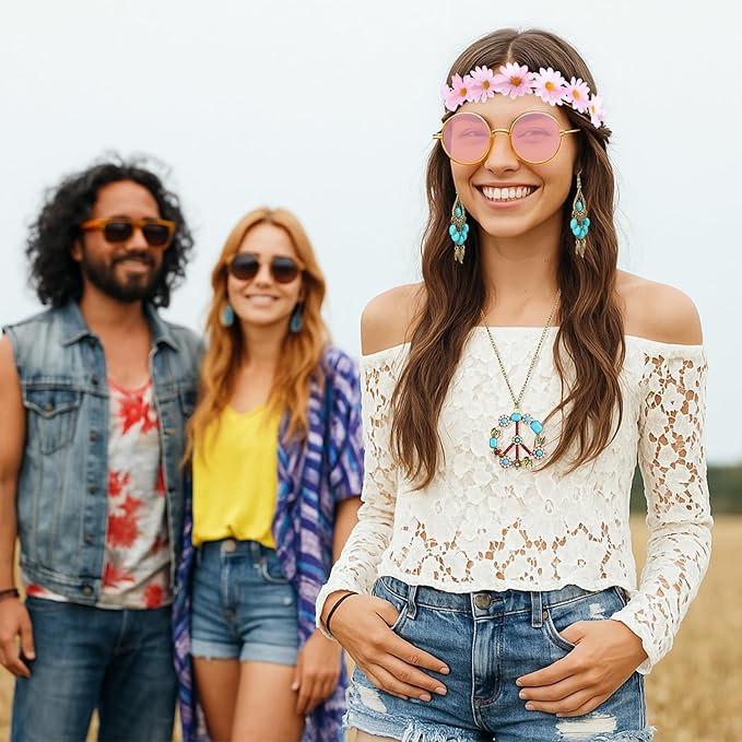 Hicarer Hippie Costume Accessories Include Sunglasses, Peace Sign Necklace, Boho Headband and Earring for 60s 70s Party