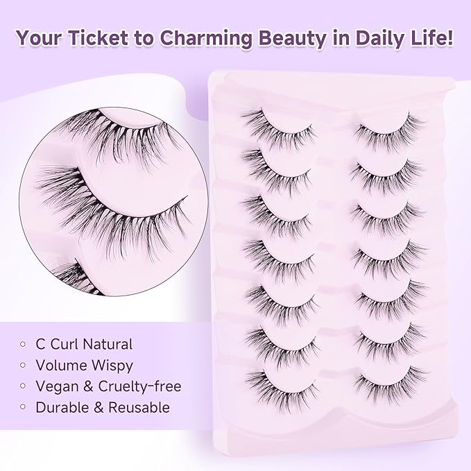 False False Eyelashes Lashes Cat Eye Natural 15mm Manga Eyelashes Wispy with Thin Band 3D Volume False Lashes Anime Lashes Soft Strip Lashes Pack C Curl Fake Eyelashes 7 Pair EVENTILL