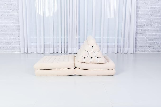 Leewadee Comfortable Japanese Floor Mattress - Thai Floor Bed with Triangle Cushion - Futon Mattress - XL Extra Long Thai Massage Mat, 89 x 20 inches, Ecru, Kapok Filling