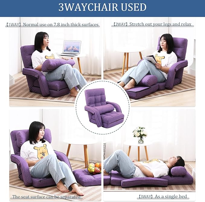 FLOGUOR 42-Position Adjustable Floor Chair, Chaise Lounge Indoor, Folding Lazy Sofa with Armrests and a Pillow Padded Adults Gaming Chairs for Living Room, Bedroom Factory Price, 8803XM (Purple)